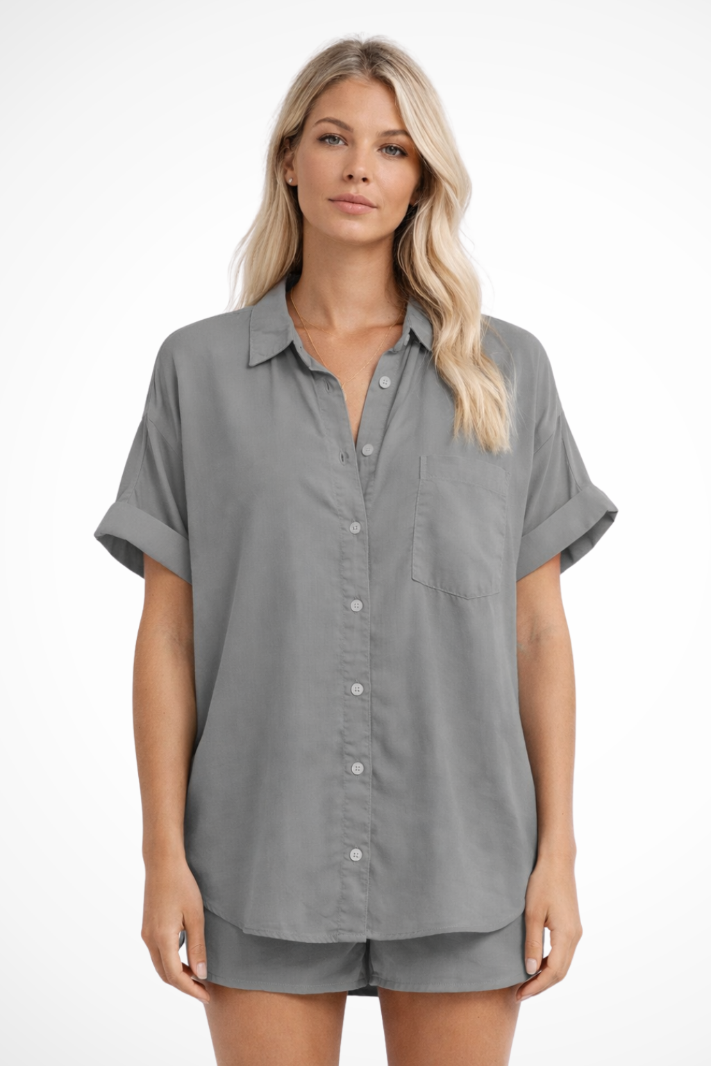 Phoebe | Chemise Femme Surdimensionnée Boutonnée Manches Courtes avec Poche Poitrine