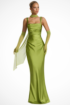 Vivienne | Robe Longue Froncée en Satin à Col Carré