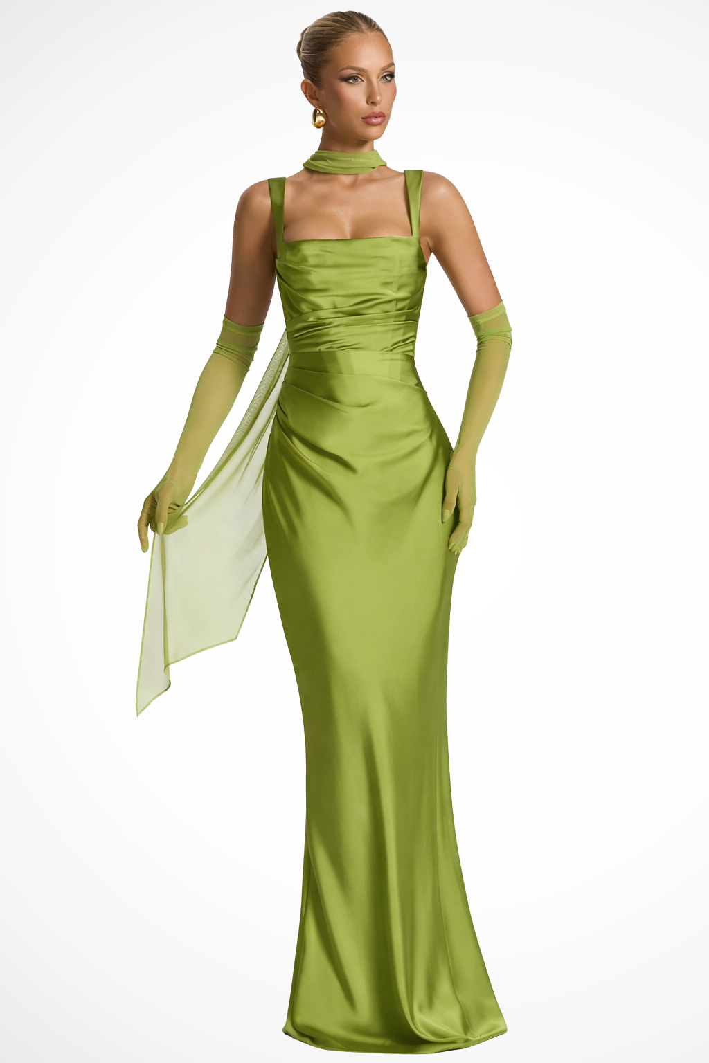 Vivienne | Robe Longue Froncée en Satin à Col Carré