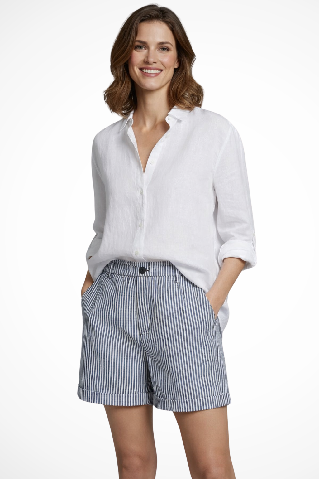 Ada | Short ajusté à rayures taille haute avec boutons pour femme - Bleu
