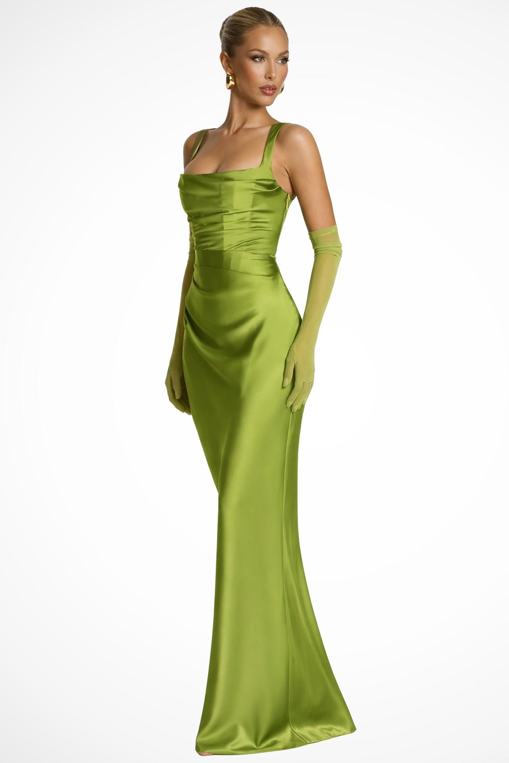 Vivienne | Robe Longue Froncée en Satin à Col Carré