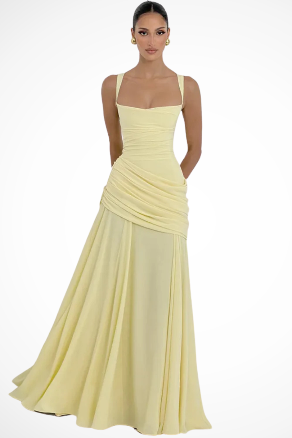 Clarisse | Robe Longue Évasée Froncée à Col Carré