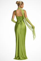 Vivienne | Robe Longue Froncée en Satin à Col Carré