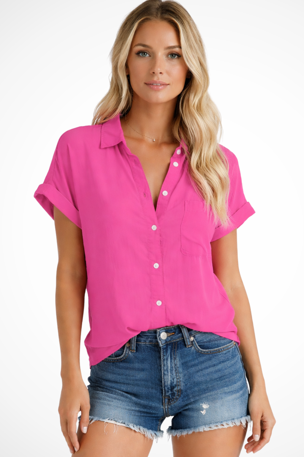 Phoebe | Chemise Femme Surdimensionnée Boutonnée Manches Courtes avec Poche Poitrine