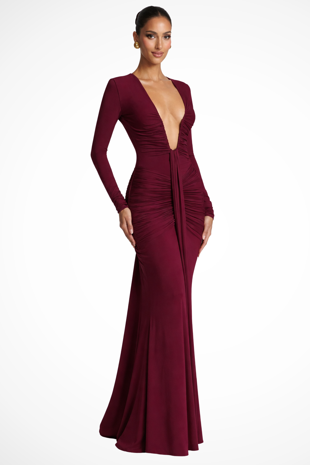 Margot | Robe Longue Ajustée Froncée à Col V Plongeant