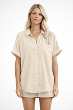 Phoebe | Chemise Femme Surdimensionnée Boutonnée Manches Courtes avec Poche Poitrine