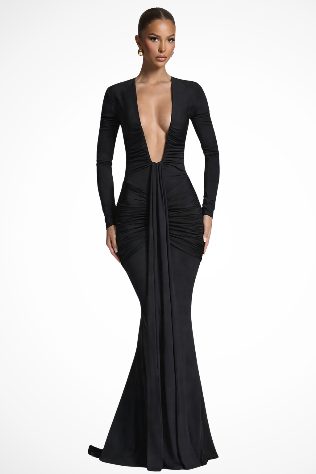 Margot | Robe Longue Ajustée Froncée à Col V Plongeant