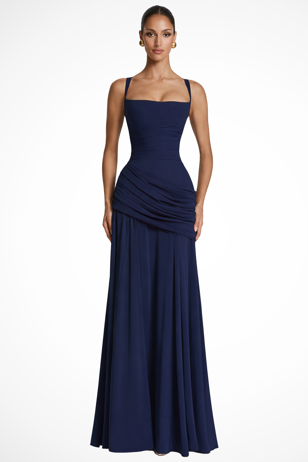 Clarisse | Robe Longue Évasée Froncée à Col Carré