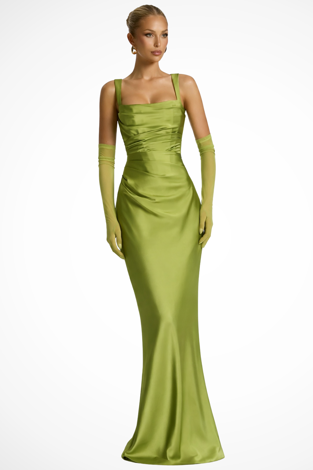 Vivienne | Robe Longue Froncée en Satin à Col Carré