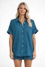 Phoebe | Chemise Femme Surdimensionnée Boutonnée Manches Courtes avec Poche Poitrine
