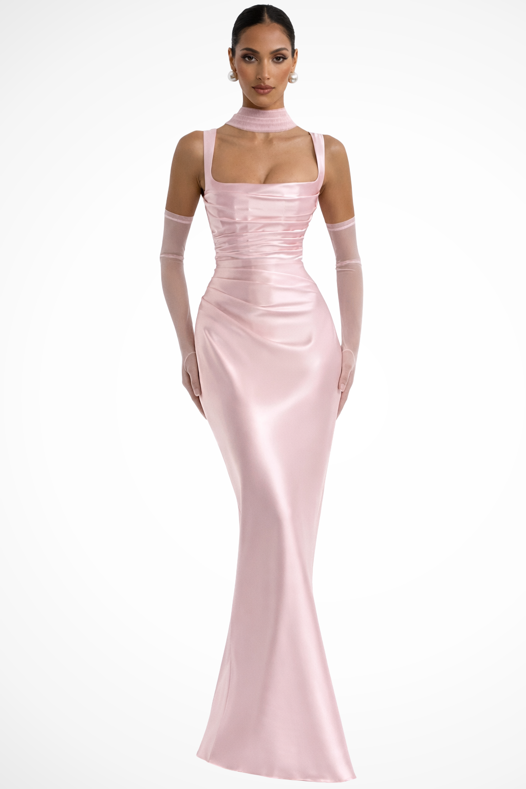 Vivienne | Robe Longue Froncée en Satin à Col Carré
