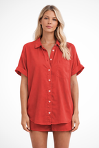 Phoebe | Chemise Femme Surdimensionnée Boutonnée Manches Courtes avec Poche Poitrine