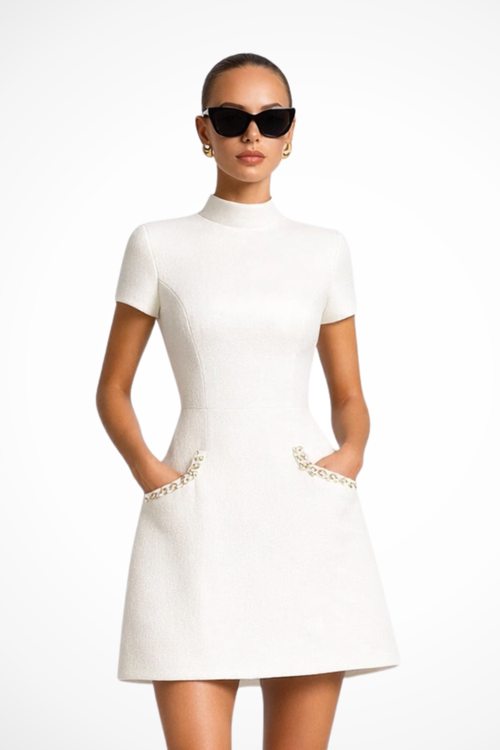 Bronwen | Robe Courte avec Bordure en Perles et Poches