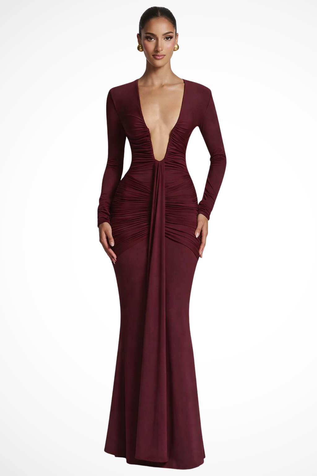 Margot | Robe Longue Ajustée Froncée à Col V Plongeant