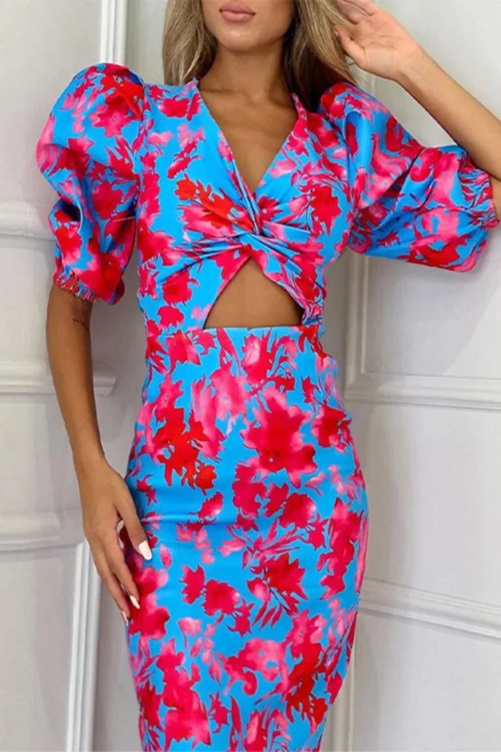 Sophia | Robe Mi-Longue Imprimée à Manches Bouffantes