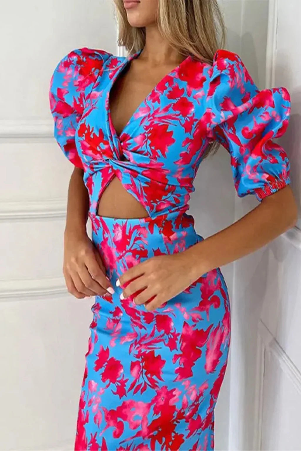 Sophia | Robe Mi-Longue Imprimée à Manches Bouffantes