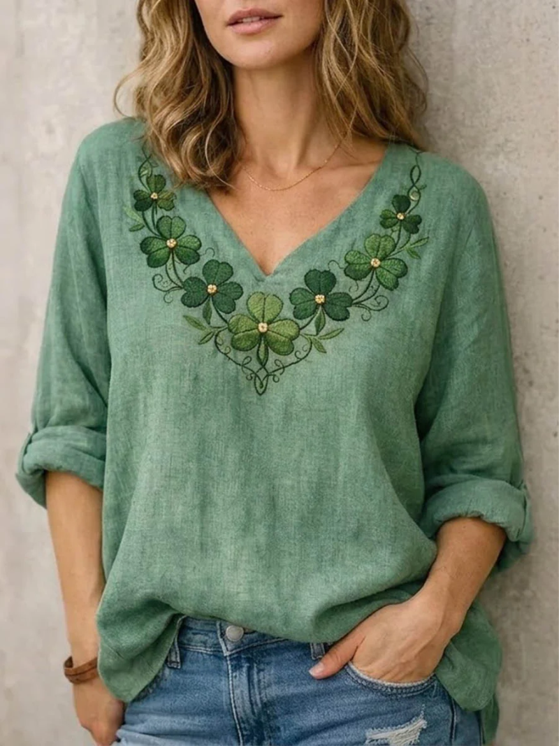Jynelle | Blouse Femme Brodée Bohème Col V Manches Courtes