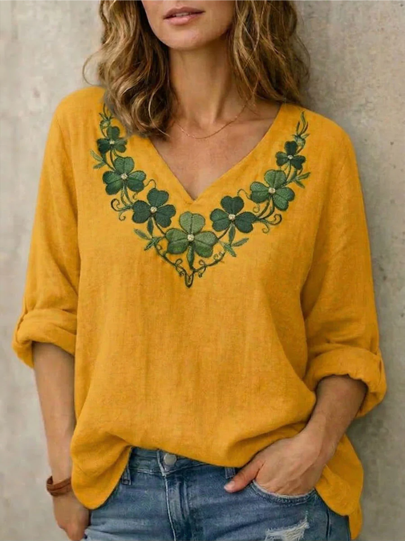 Jynelle | Blouse Femme Brodée Bohème Col V Manches Courtes