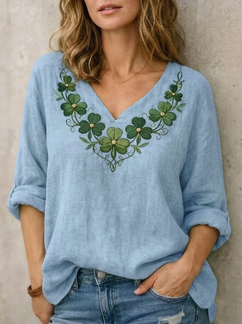 Jynelle | Blouse Femme Brodée Bohème Col V Manches Courtes
