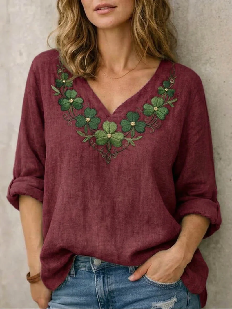 Jynelle | Blouse Femme Brodée Bohème Col V Manches Courtes