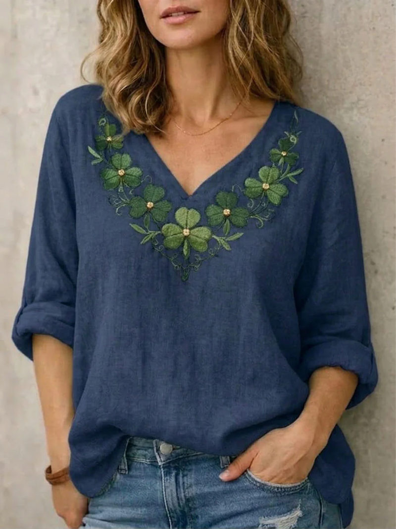 Jynelle | Blouse Femme Brodée Bohème Col V Manches Courtes